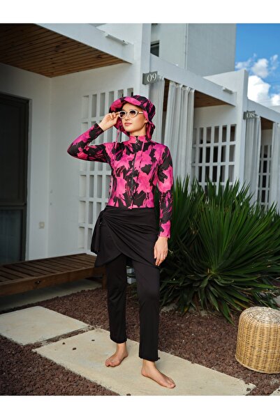 ALFASA ملابس سباحة إسلامية مع تنورة ملفوفة وقبعة - ALF26664