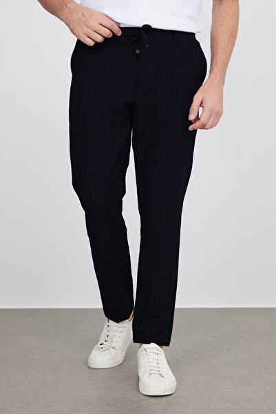 Tudors Men's Slim Fit Narrow Cut Seersucker Fabric Striped Black Trousers wit...