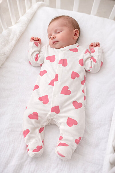 İZYALİF BABY Baby Girl One-Piece Ribbed Jumpsuit Cotton Heart Patterned
