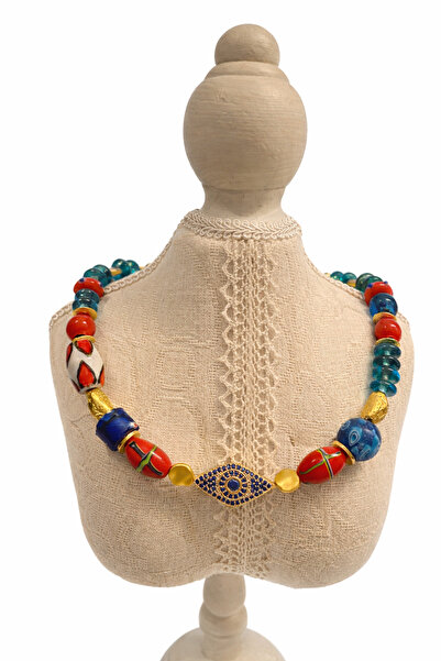 ssdesignatelier Cam Taşlı ve Gana Nazar Detaylı El Yapımı Altın Kaplama Kolye