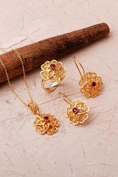 Sümer Telkari Taşlı Telkari Elişi Altın Kaplama 925 Ayar Gümüş Çiçek Set 2862