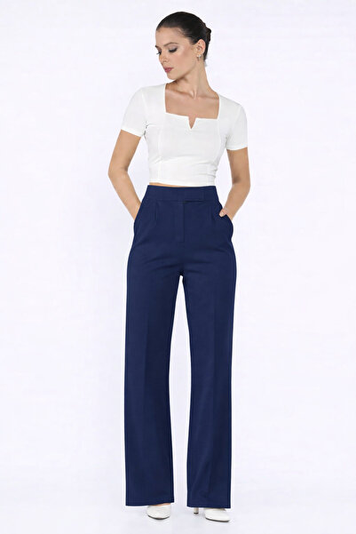 RAMİOR COLLECTION Women's Navy Blue Velcro Waist Detailed Palazzo Fabric Trou...