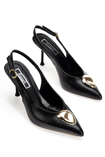 RİSSOLİ Women's Black Pointed Toe Heeled Shoes with Metal Buckle and Back Buc...