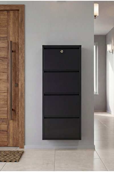 OVROL Kilitli Dörtlü 4'lü Metal Ayakkabılık Siyah (Yedek Anahtarlı)