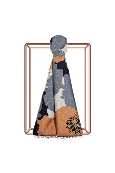 ipekevi Hydrangea Basket Patterned Silk Shawl 05197-Black Copper M.Blue