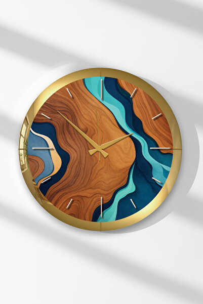 Zevahir Mobilya Dekorasyon Ceas de perete rotund din MDF, cu ramă aurie, Aqua
