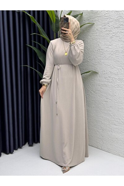 ZENA BY ÇETİN LEVENT Ribbed Knitted Striped Fabric Long Women's Dress