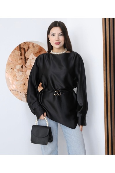 Moda Banuş Black Asymmetrical Belted Satin Long Sleeve Blouse