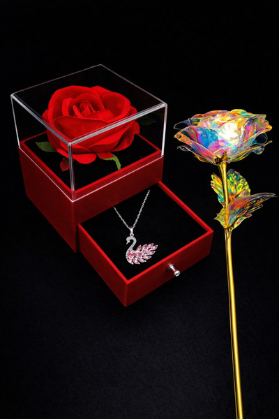 MEKKANMODA Özel Güllü Kutuda Solmaz Gül Hediyeli Kuğu Çelik Kolye