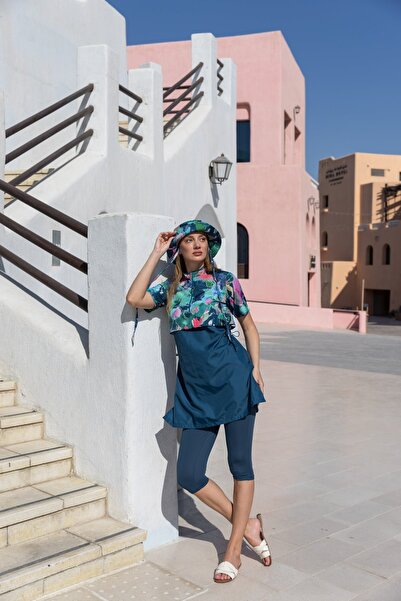 ALFASA Crop Look Half Sleeve Semi-Closed Swimsuit with Hat - Alf26711