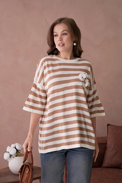 Park Karon Women's Crew Neck Striped Oversize Long Knit Sweater 10075