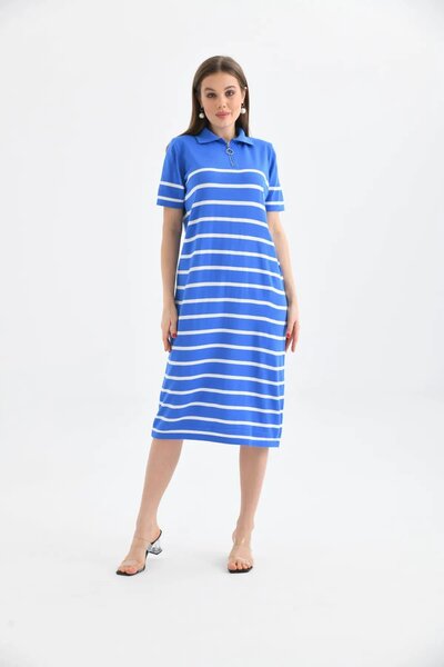 Park Karon Women's Polo Collar Striped Maxi Length Knitwear Dress 10027
