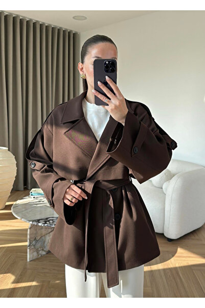 My Blog Trench scurt maro supradimensionat cu umeri scobiți - 9580