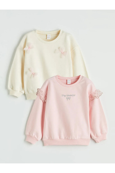 LC Waikiki Παιδικό φούτερ LCW για κορίτσια, εκρού, με κέντημα στον λαιμό, σετ...