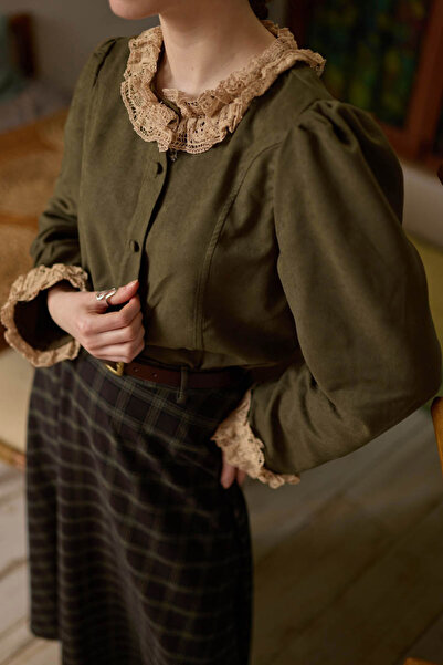 ZÜLAYS Dantelli Kısa Süet Gömlek Haki