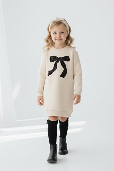 Kübra Tekstil Rochie pentru fete, cu imprimeu cu fundă, crem, cu mânecă lungă...