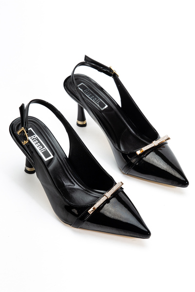 RİSSOLİ Women's Black Patent Leather Pointed Toe Stone Detailed Heeled Shoes