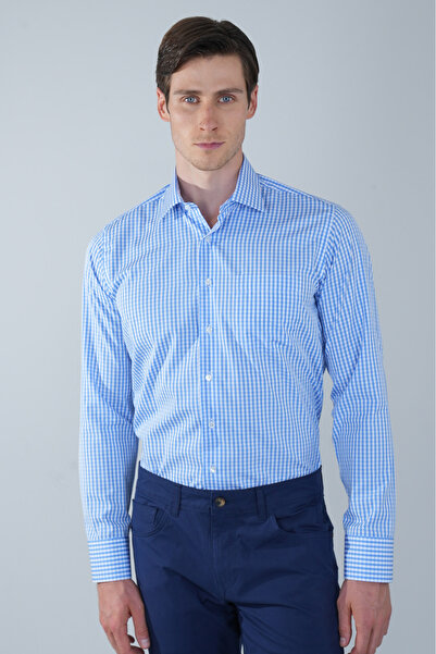 Bisse Long Sleeve Single Pocket Blue Cotton Men's Shirt