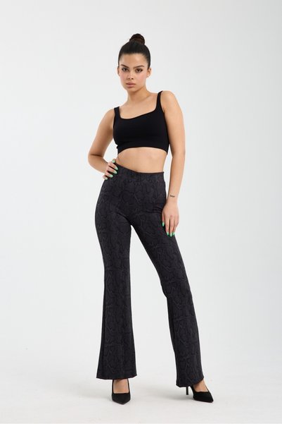Moije Women's Black Snake Patterned Anthracite Flared High Waist Ribbed Leggings Trousers
