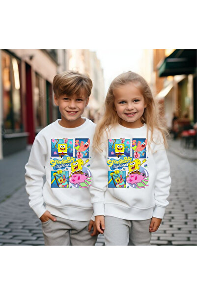 Tubinyoo Sünger Bob & Patrick Friends Baskılı Beyaz Çocuk Sweatshirt (tekli ü...
