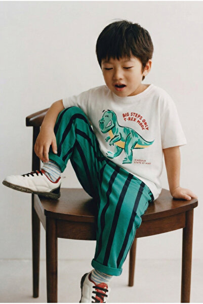 Magu Хлопчачий бавовняний білий футболка з принтом і зелені штани в смужку