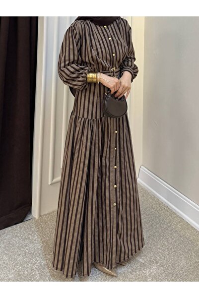 Molly Nelly Kadın Çizgili Kemerli Uzun Tesettür Elbise