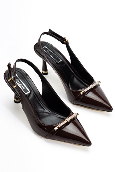 RİSSOLİ Women's Brown Patent Leather Pointed Toe Stone Detailed Heeled Shoes