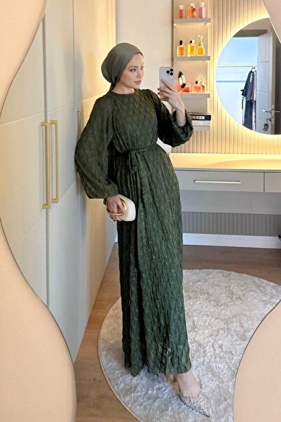 welting Düz Kesim Simli Kumaş Tesettür Elbise Abiye Yeşil