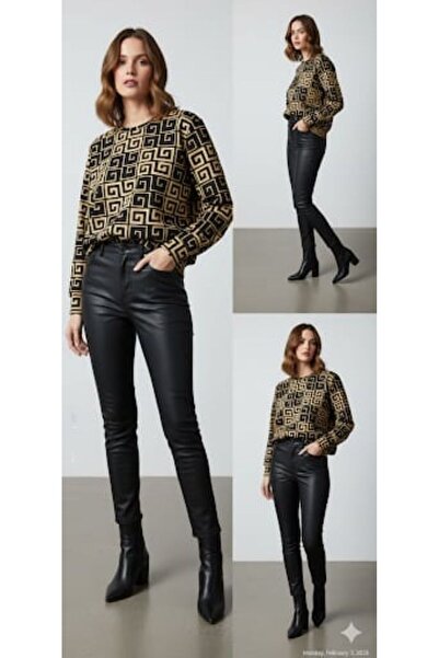 FİERTE Günay Kadın Büyük Beden Bluz Lnst5681 Yuvarlak Yaka Geometrik Desen