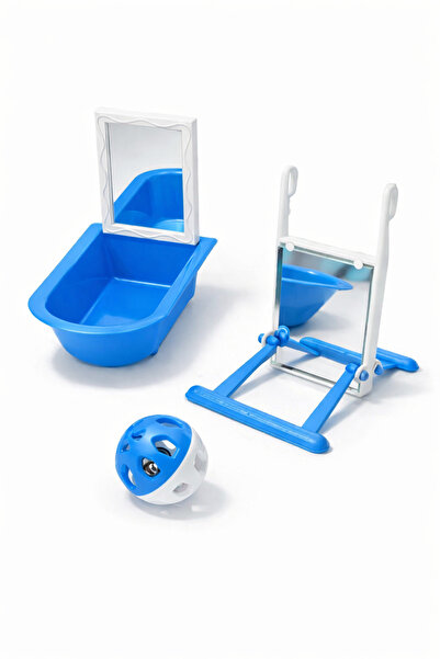 Papağanhane Kuş Oyuncak Seti 3’lü Mavi – Aynalı Banyo Küveti, Aynalı Tünek Sa...