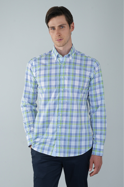 Bisse Long Sleeve Pasha Collar Pocketless Blue Cotton Men's Shirt