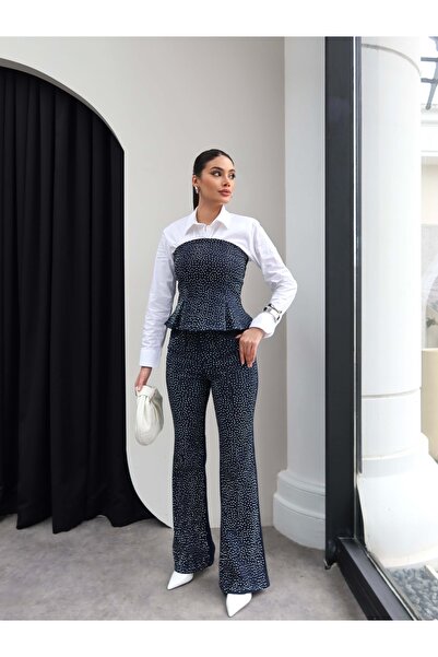 ESRAHELVACI Strapless Stoned Denim Two-Piece Set