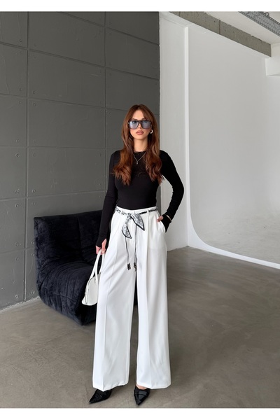 MODAMERSİ Women's Ecru Wide-Leg Pants with Scarf Belt