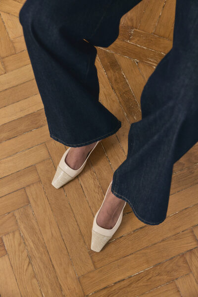 LUTVELIZADE Topuklu 2609 - Küt Burun Deri Görünümlü Kemik Kadın Topuklu