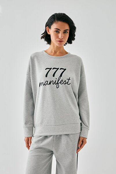 Akbeniz Women's Gray 777 Manifest Oversize 2 Thread Sweatpants Home Wear Set