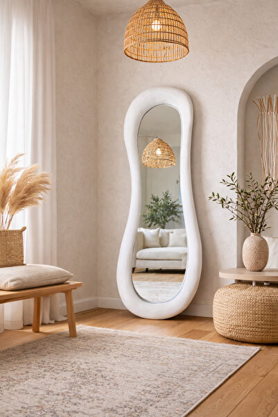 Lunalore Fiber Beton Görünümlü Ayaklı Boy Aynası -Yatak Odası Giyinme Ofis Mo...