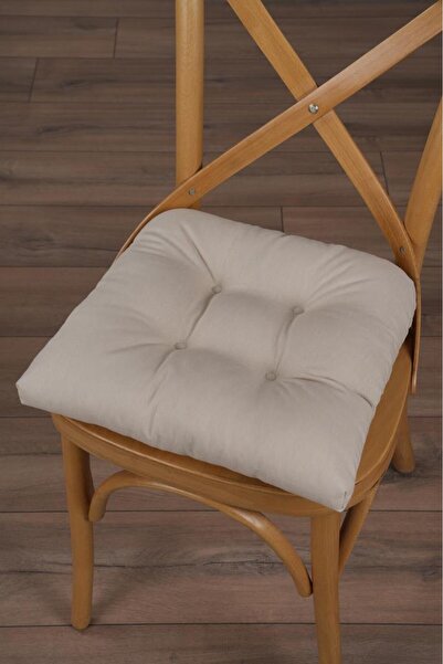 ALTINPAMUK 4'lü Lüx GOLD Pofidik Bej Sandalye Minderi Özel Dikişli Bağcıklı 40x40cm