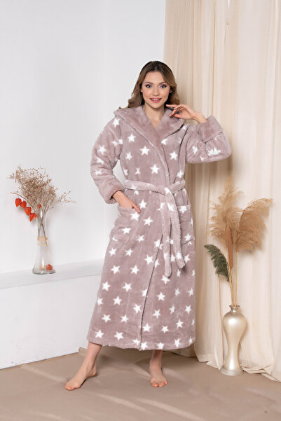 Massimo Monelli KADIN YILDIZ BASKILI UZUN KAPŞONLU VELSOFT-PELUŞLU BORNOZ-SAB...