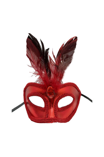 Partimarka Red Leather Covered Feather Party Mask