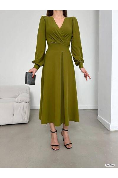 Modafeminen Pistachio Green Double Breasted Collared Gathered Dress 582804