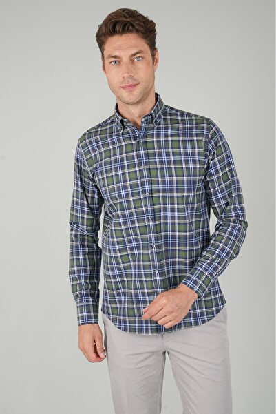 Bisse Men's Long Sleeve Regular Fit Cotton Sports Checkered Shirt Navy Blue