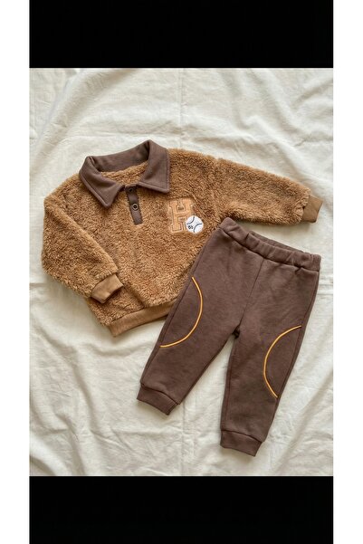 Necix Boy's Plush Welsoft College Collar Letter Embroidered Top and Bottom Set