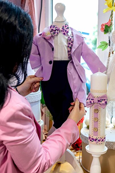 Andreeatex Costum de botez băieți din bumbac cu bretele și papion, 5 piese, lila