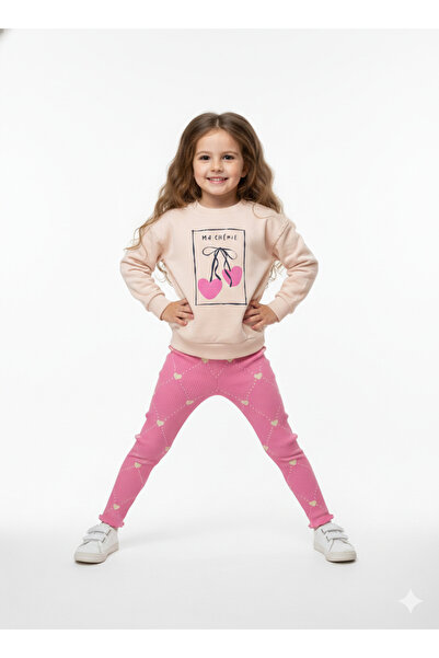 Momivi Kids Κοριτσίστικο φούτερ με στάμπα καρδιάς και ροζ κολάν με ραβδώσεις,...