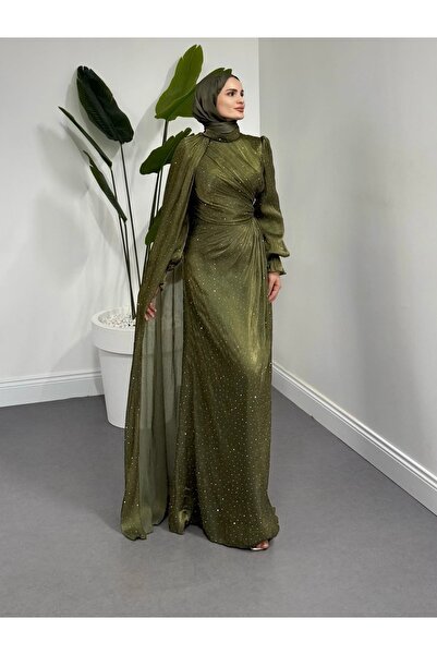 welting Taşlı Pelerinli Şifon Abiye Çagla Yeşil