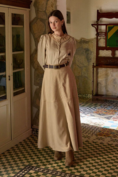 ZÜLAYS Dantelli Kısa Süet Gömlek Taş