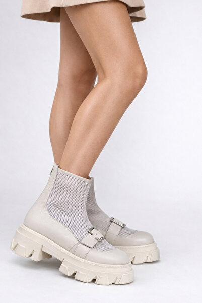 GARKONY Women's summer boots, natural beige leather and textile mesh Kamila