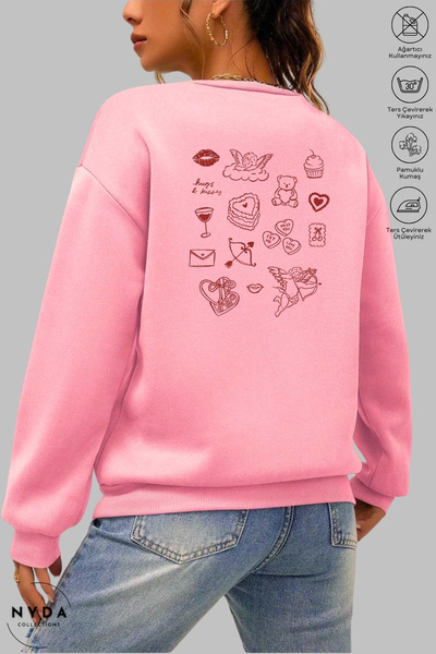 Nyda Collections Women's Sticker Love Printed Crew Neck Hoodless Oversized 10...