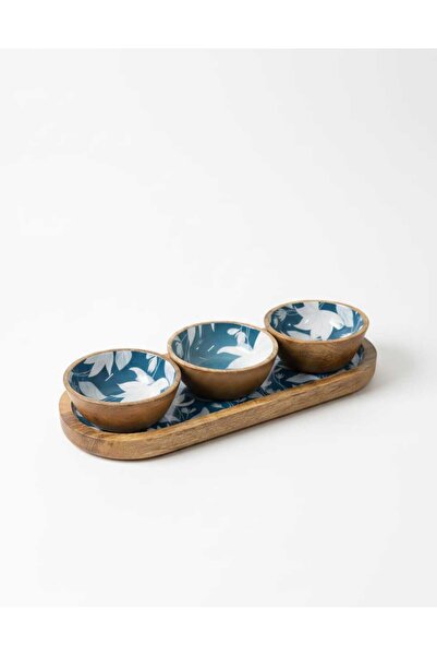 FARALYAHOME Mango Wood 3-Piece Snack Bowl and Sauce Bowl Set with Stand 30X13...