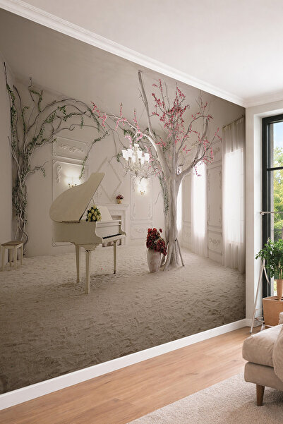 dreamwall 3D Derinlikli Piyano ve Çiçek Açan Ağaç Temalı Romantik Tek Parça T...
